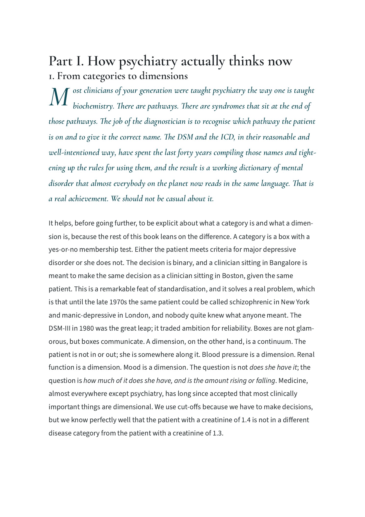 From categories to dimensions, Part I opening