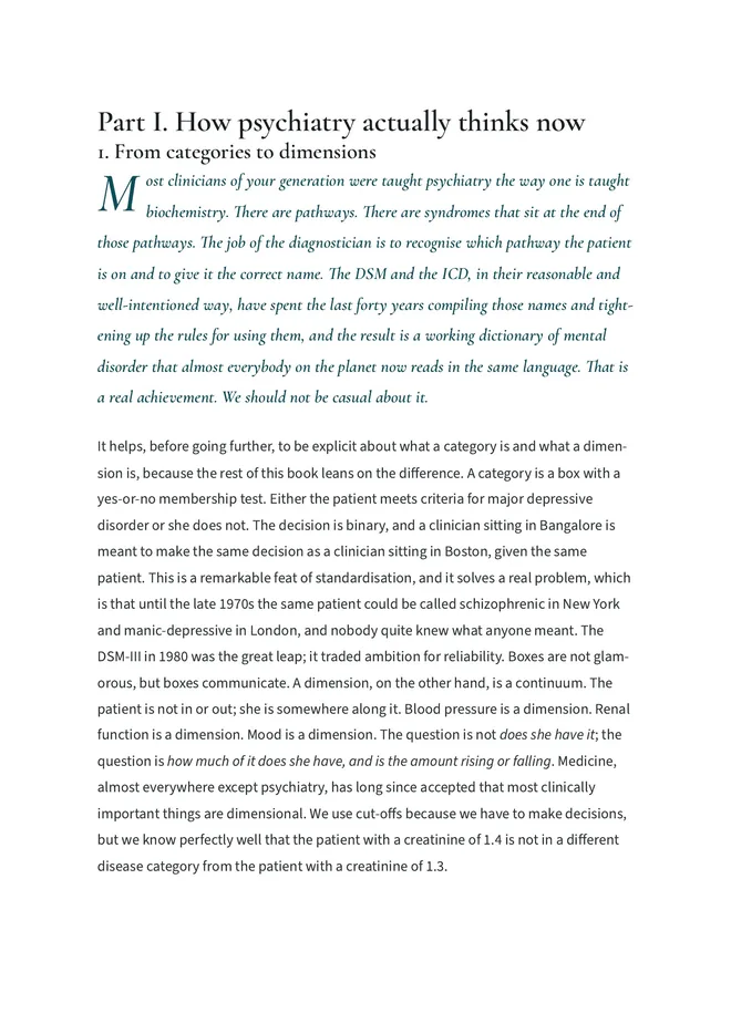 From categories to dimensions, Part I opening