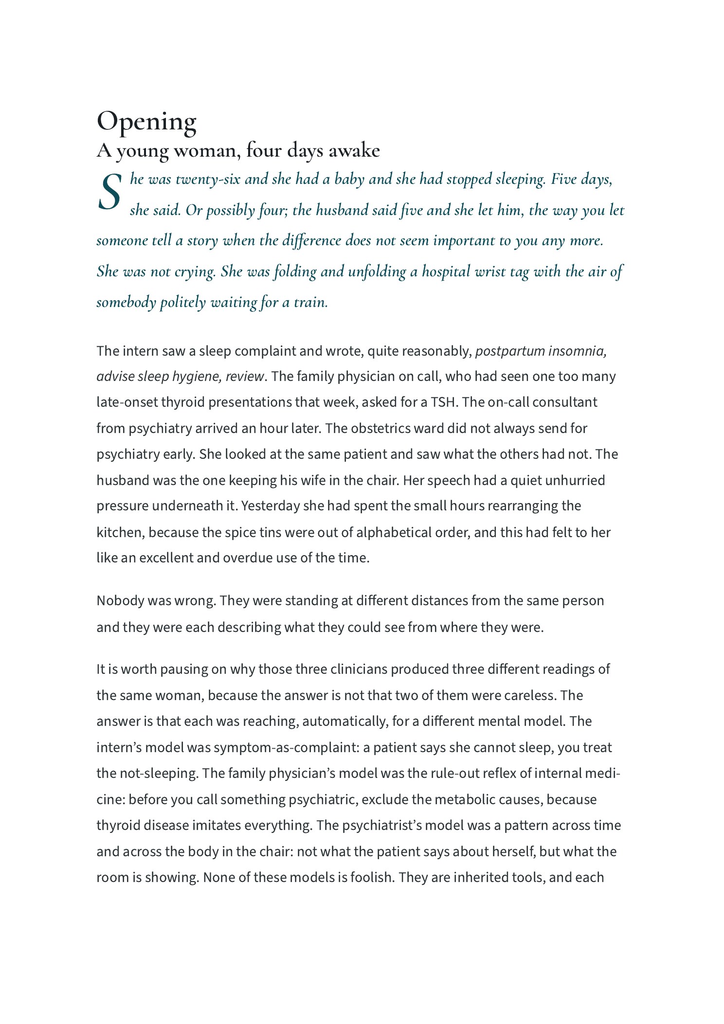 Opening chapter, A young woman, four days awake