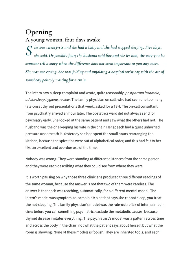 Opening chapter, A young woman, four days awake