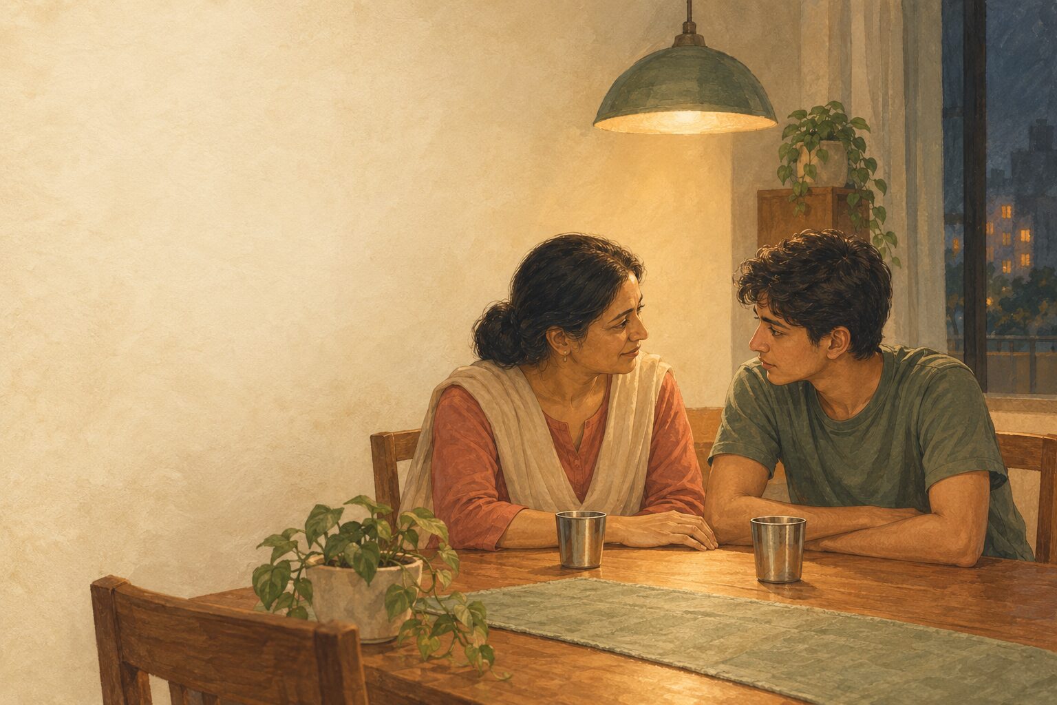 A mother and her teenage son at the table late in the evening, a hard talk behind them, still on the same side.