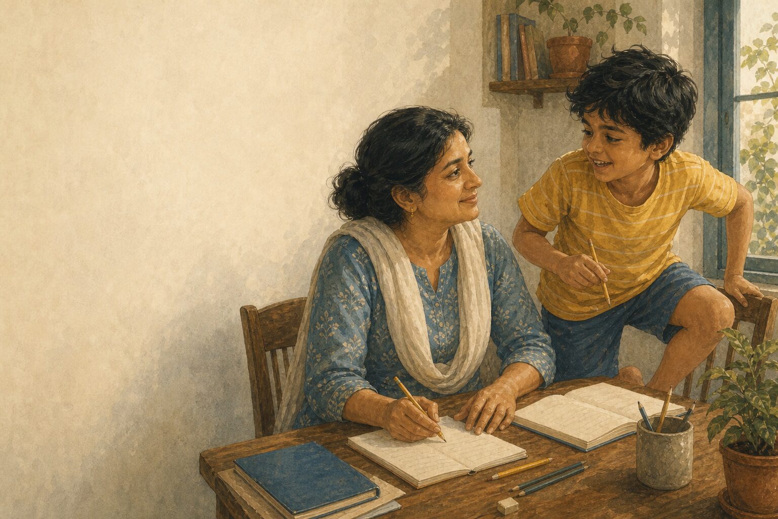A mother and her son at the end of a long day, close and tired, still on the same side.