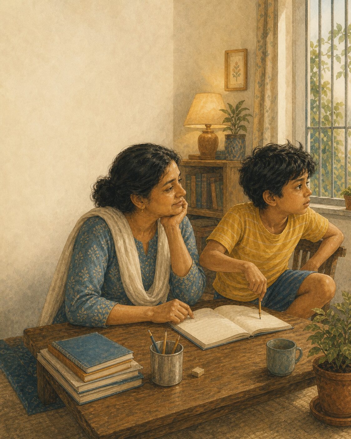 Aarav at his books, and an evening that keeps slipping away.