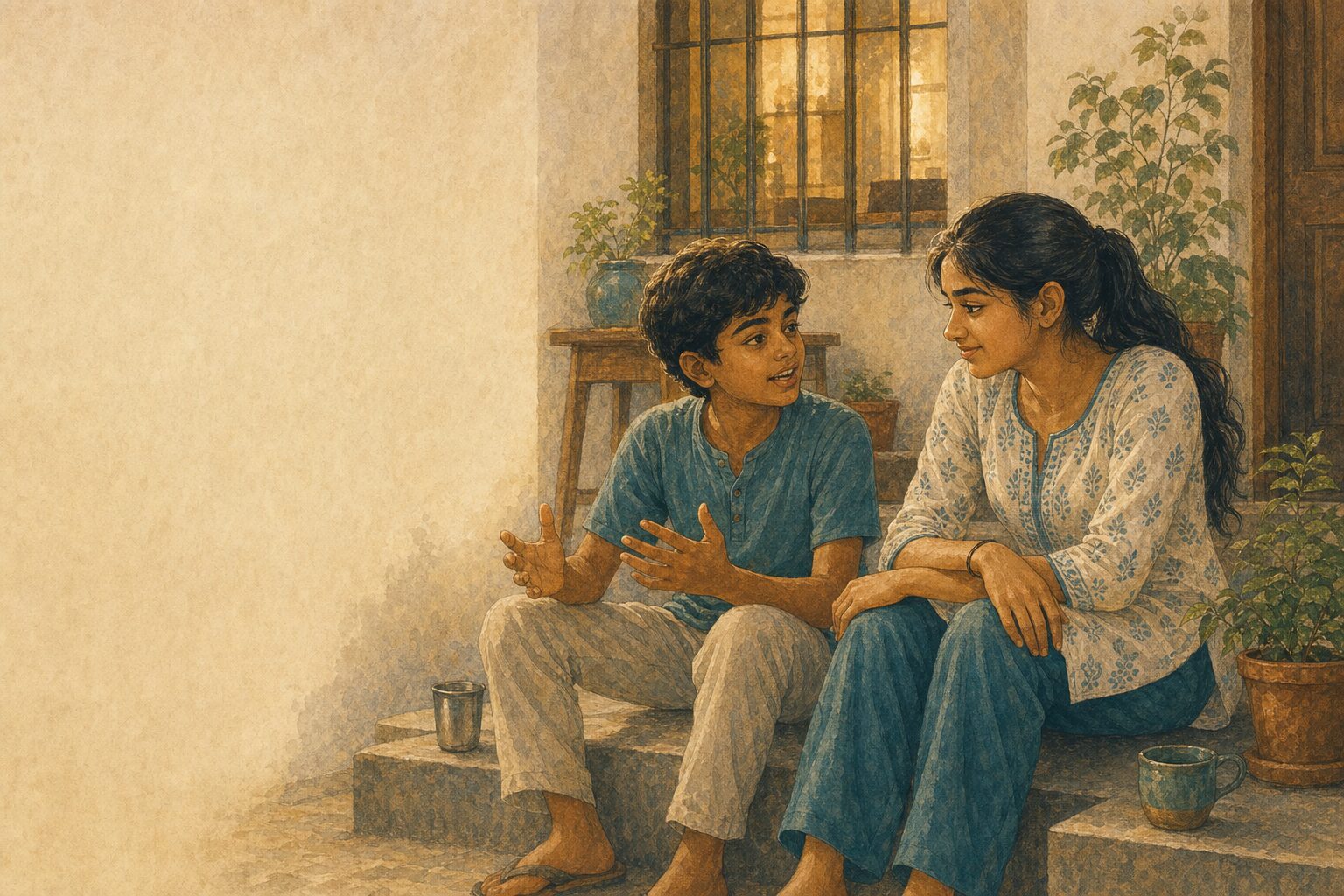 शाम को सीढ़ियों पर बैठे दो भाई-बहन, पास-पास और सहज, उनमें से एक अपने हिस्से से थोड़ा ज़्यादा उठाने की आदी।