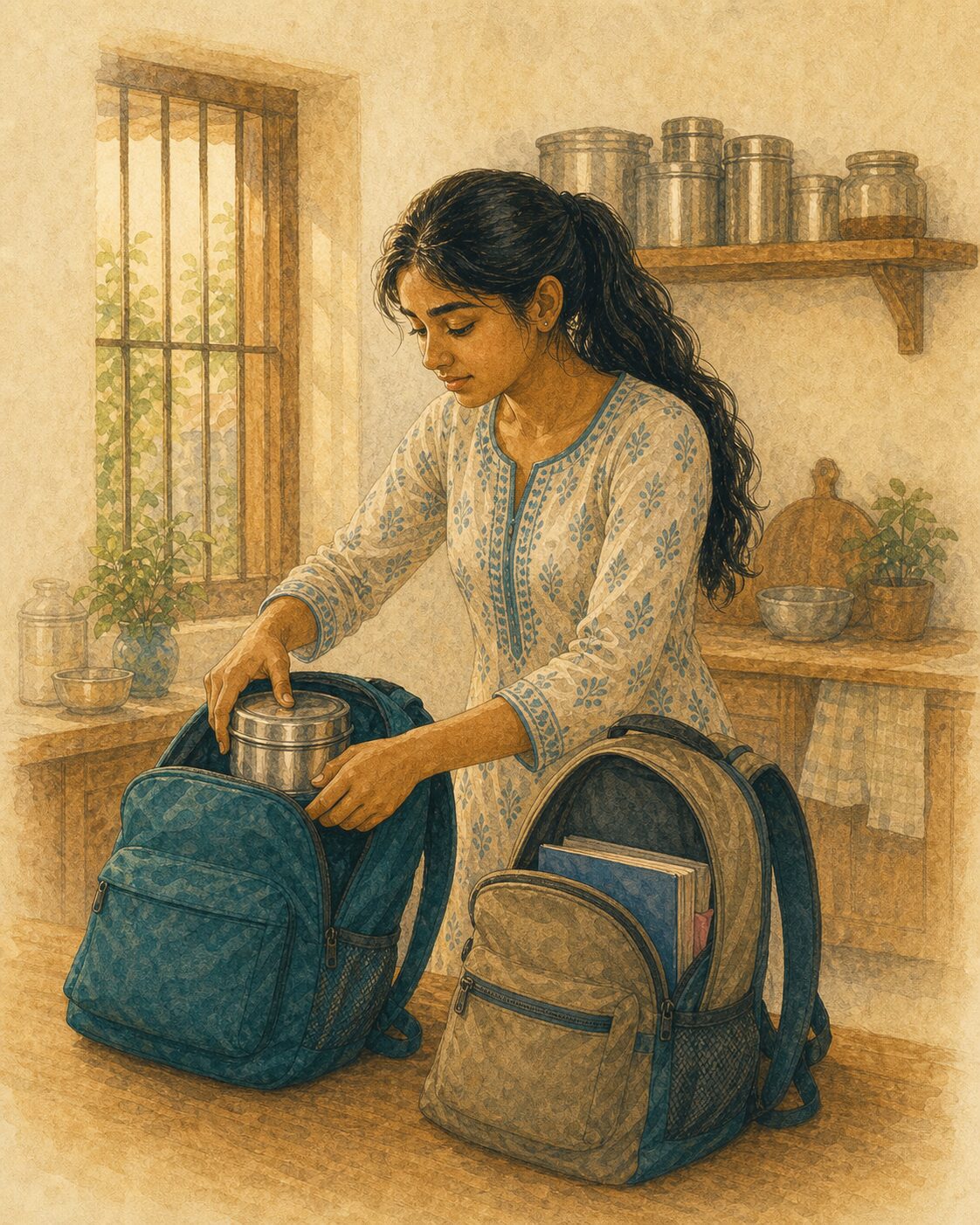 काव्या, स्कूल से पहले दो बस्ते तैयार करती हुई, छोटी उम्र में ही वह बनना सीखती हुई जिसे सब याद रहता है।