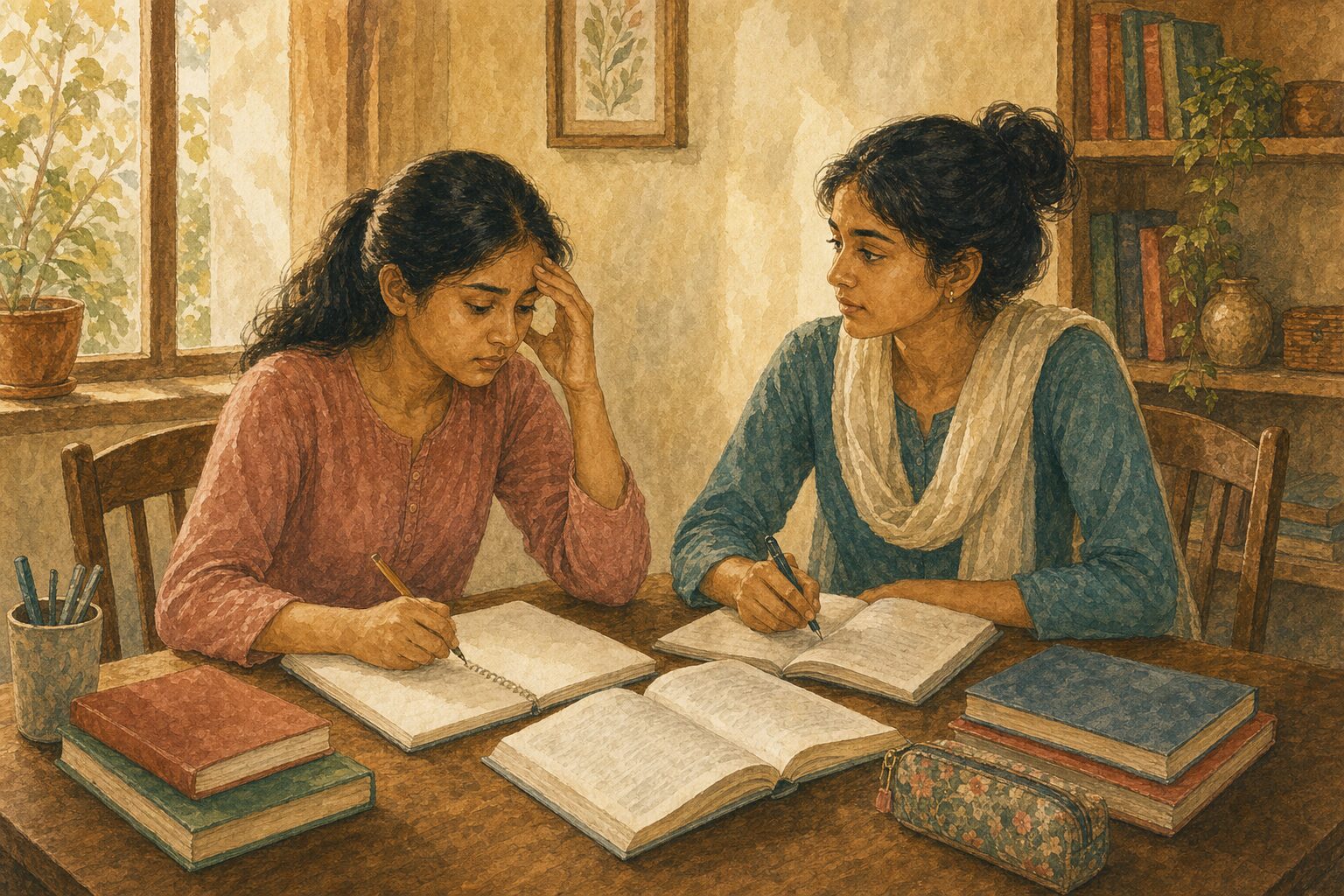 Two siblings sitting close, one of them used to keeping things calm so nothing sets off the worry.