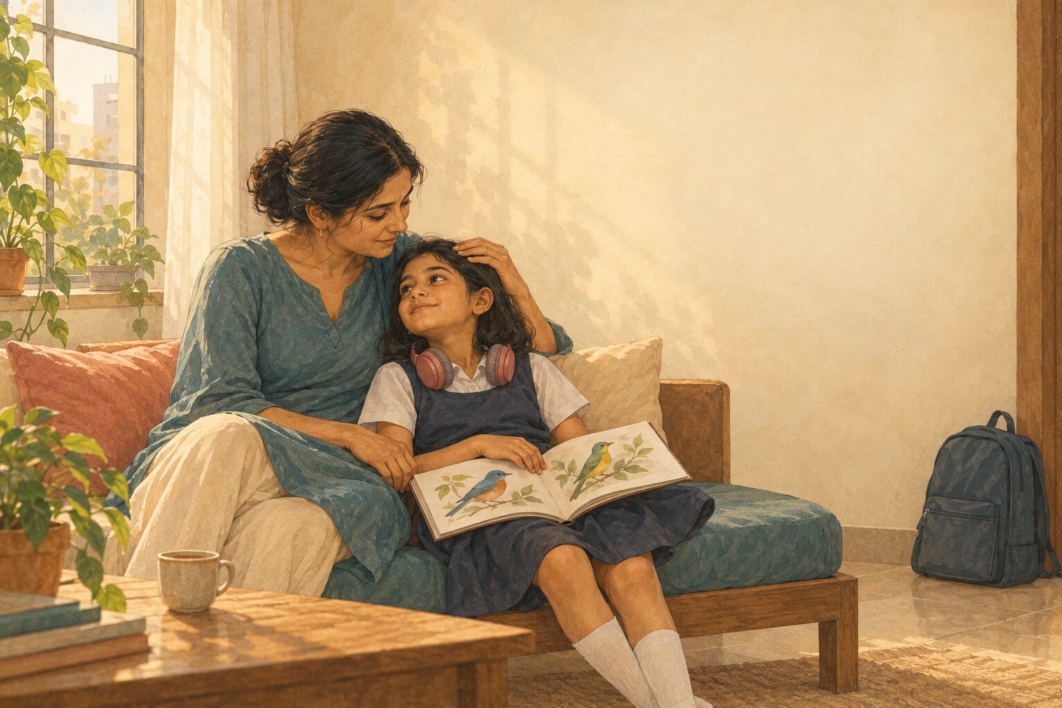 A mother and her daughter after a long school day, close and quiet, on the same side.