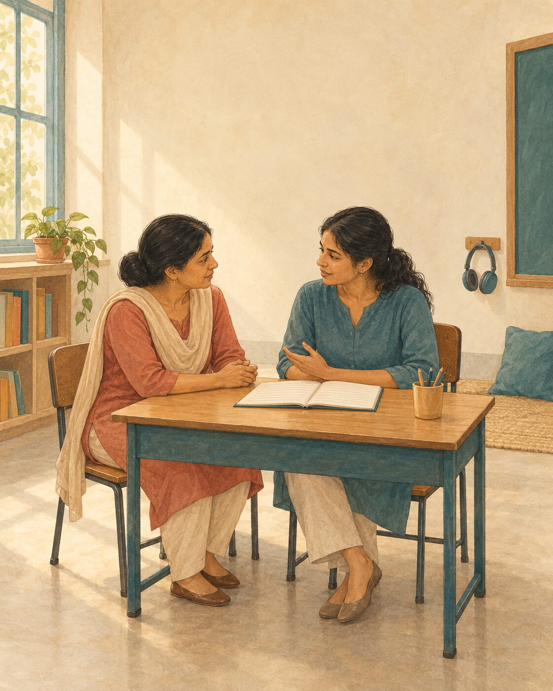 Rekha and Ananya's teacher, building a plan together.