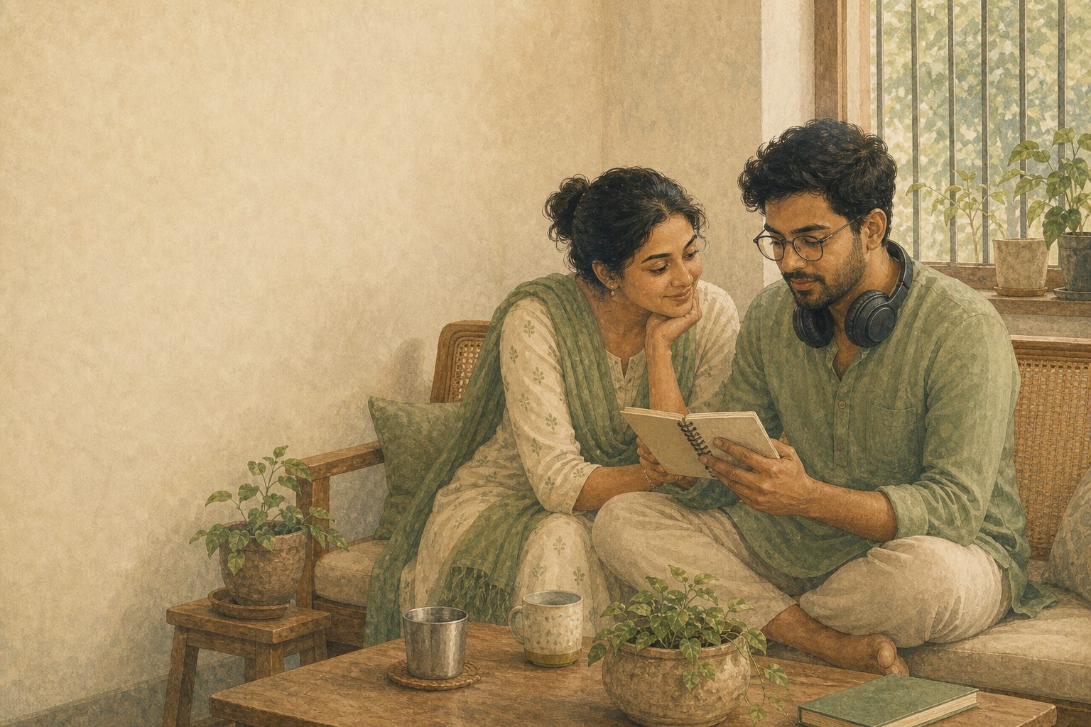 Two people learning each other's language, close and at ease.
