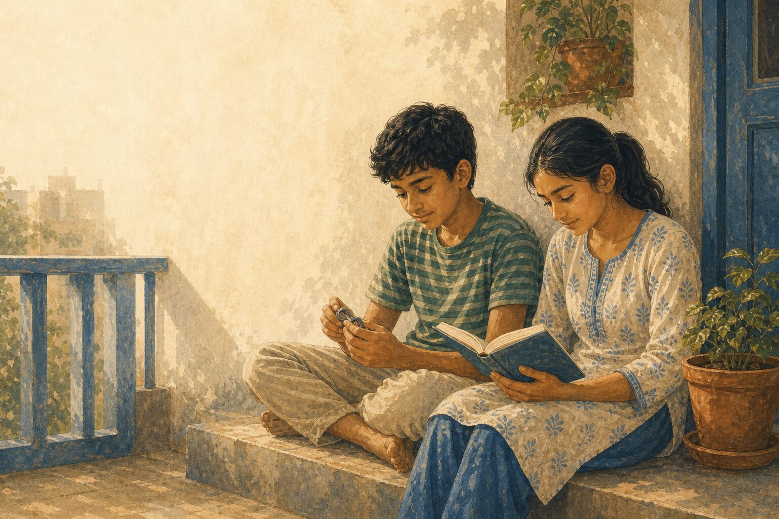 दो भाई-बहन पास-पास और सहज, उनमें से एक अपने हिस्से से थोड़ा ज़्यादा उठाने की आदी।