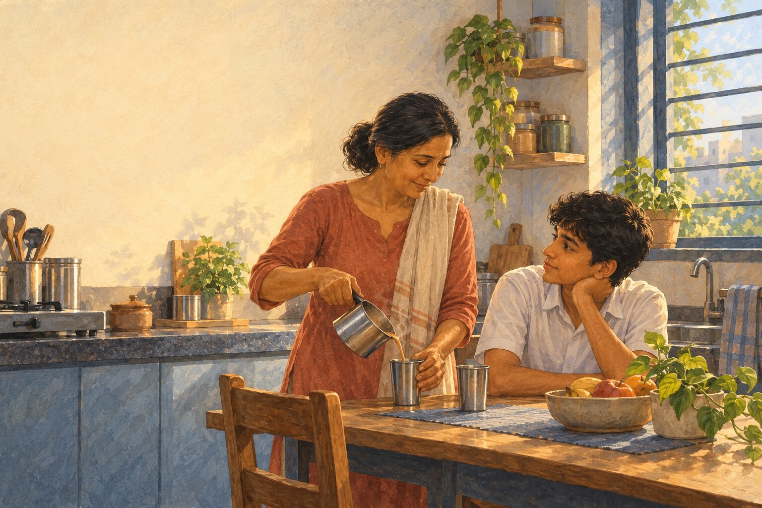 A mother and her teenage son in the kitchen one morning, a little apart, both still on the same side.