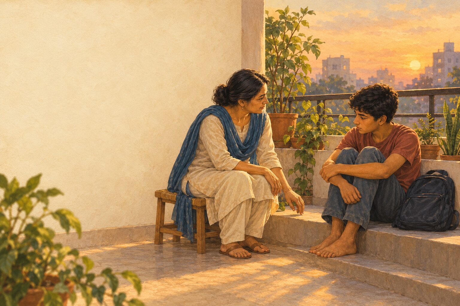 A mother sitting quietly beside her teenage son, close and unhurried, ready to listen.