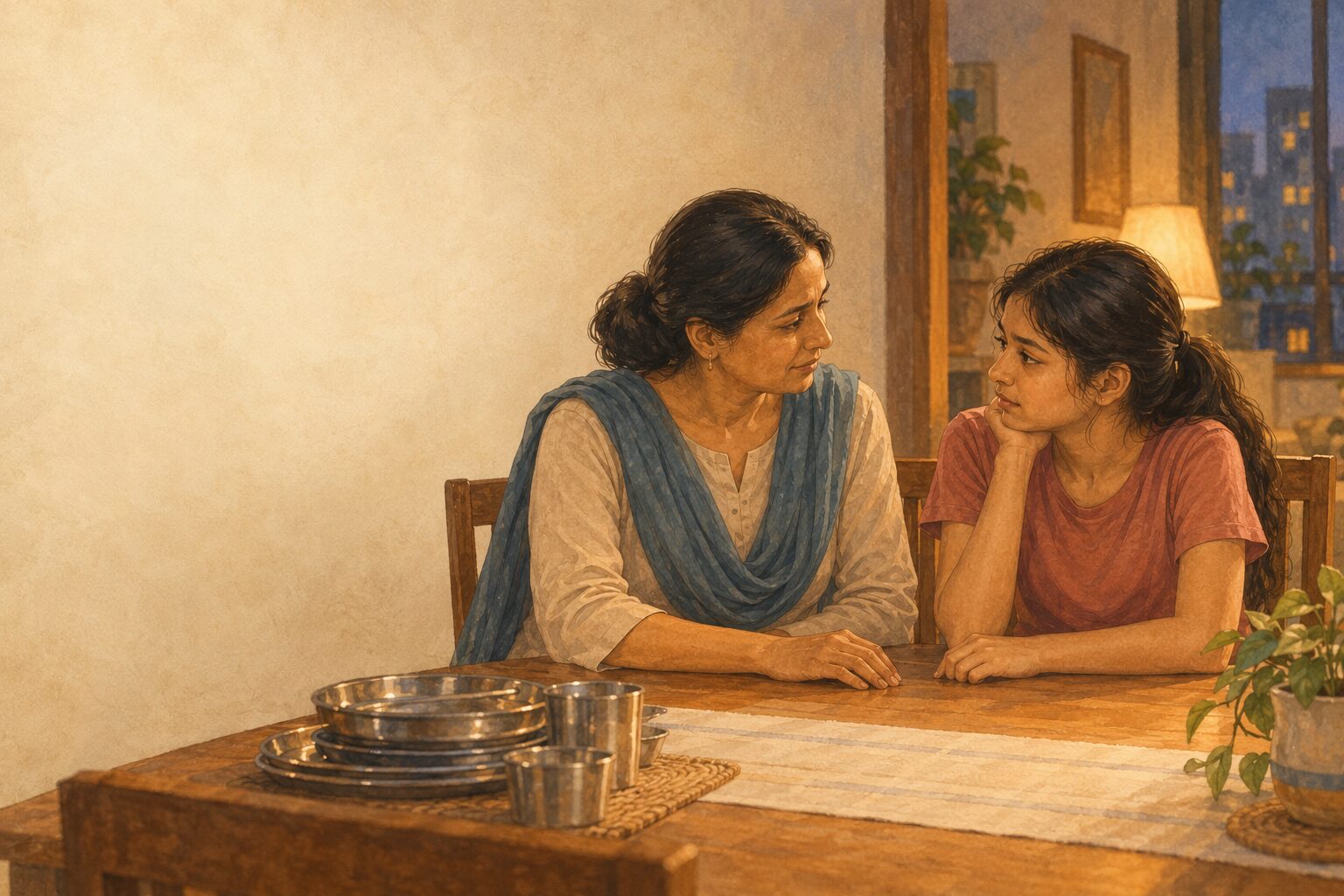 A mother and her teenage daughter at the end of a family meal, close and tired, still on the same side.