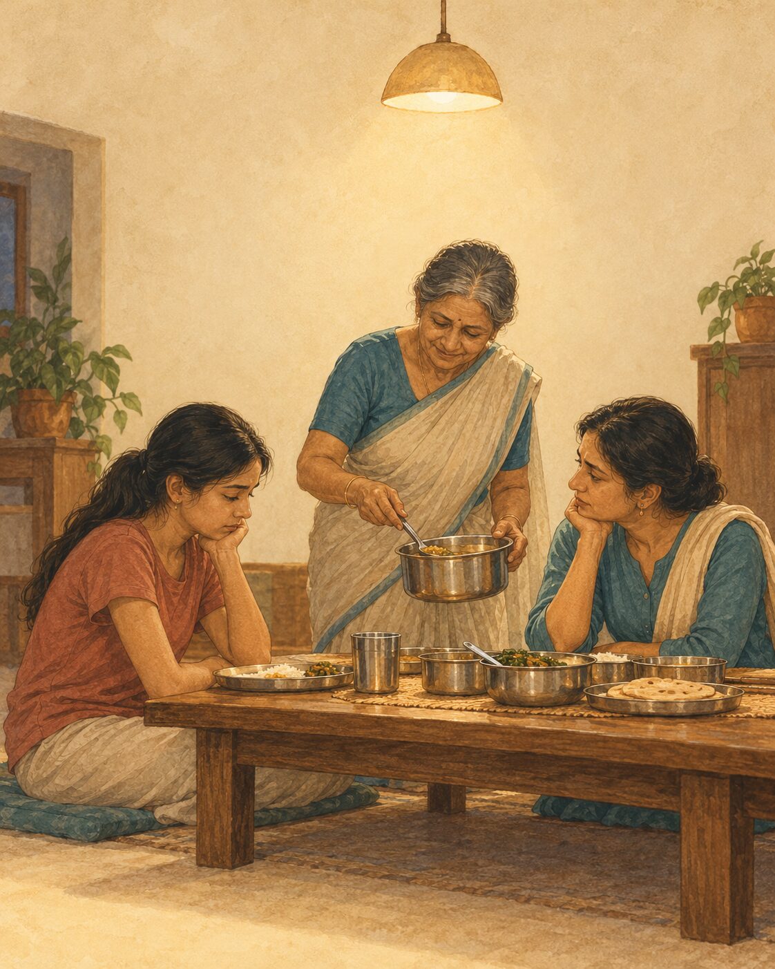 Kavita at the dinner table, watching Riya's plate and trying not to.