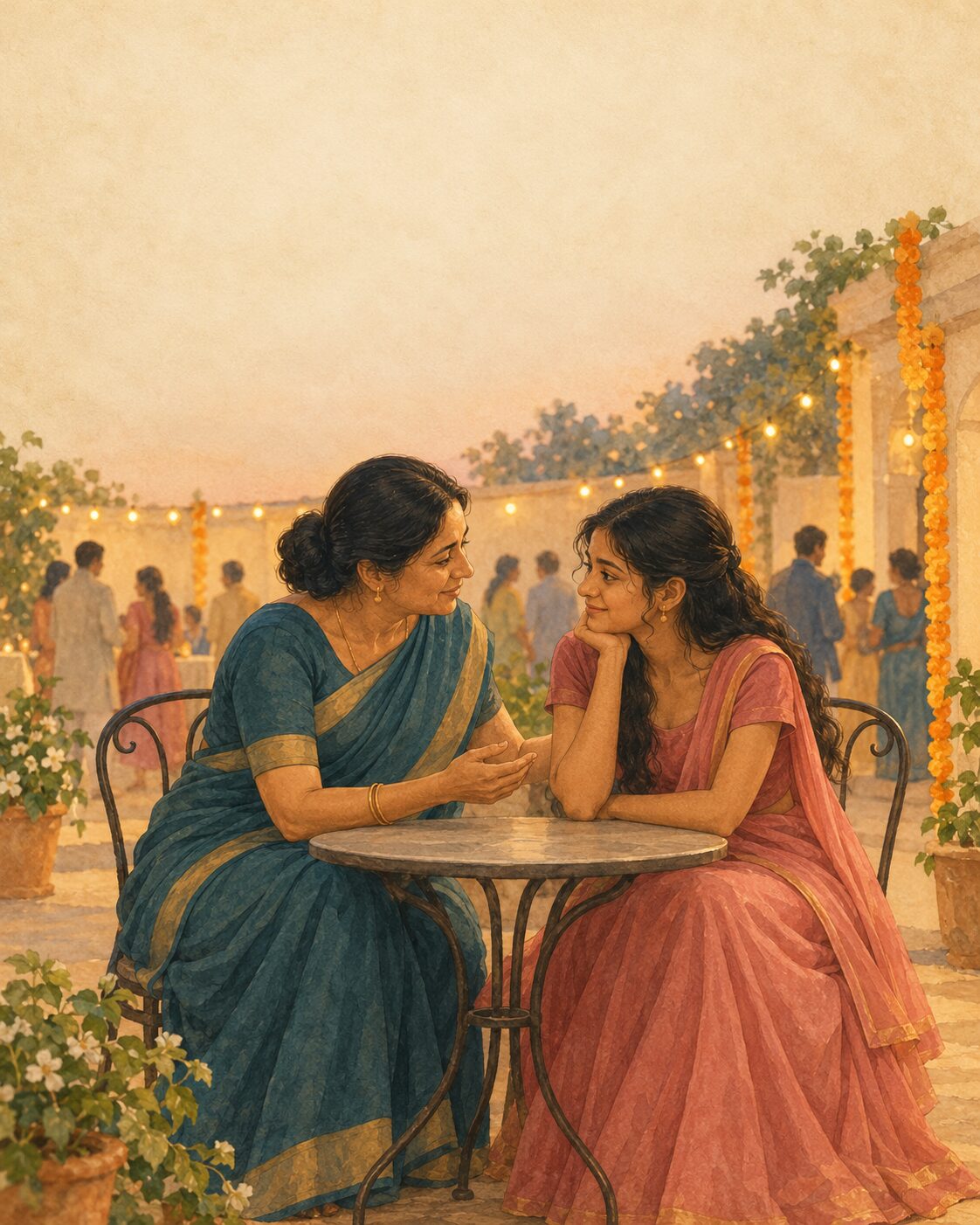 Kavita and Riya at a family wedding, keeping each other company.