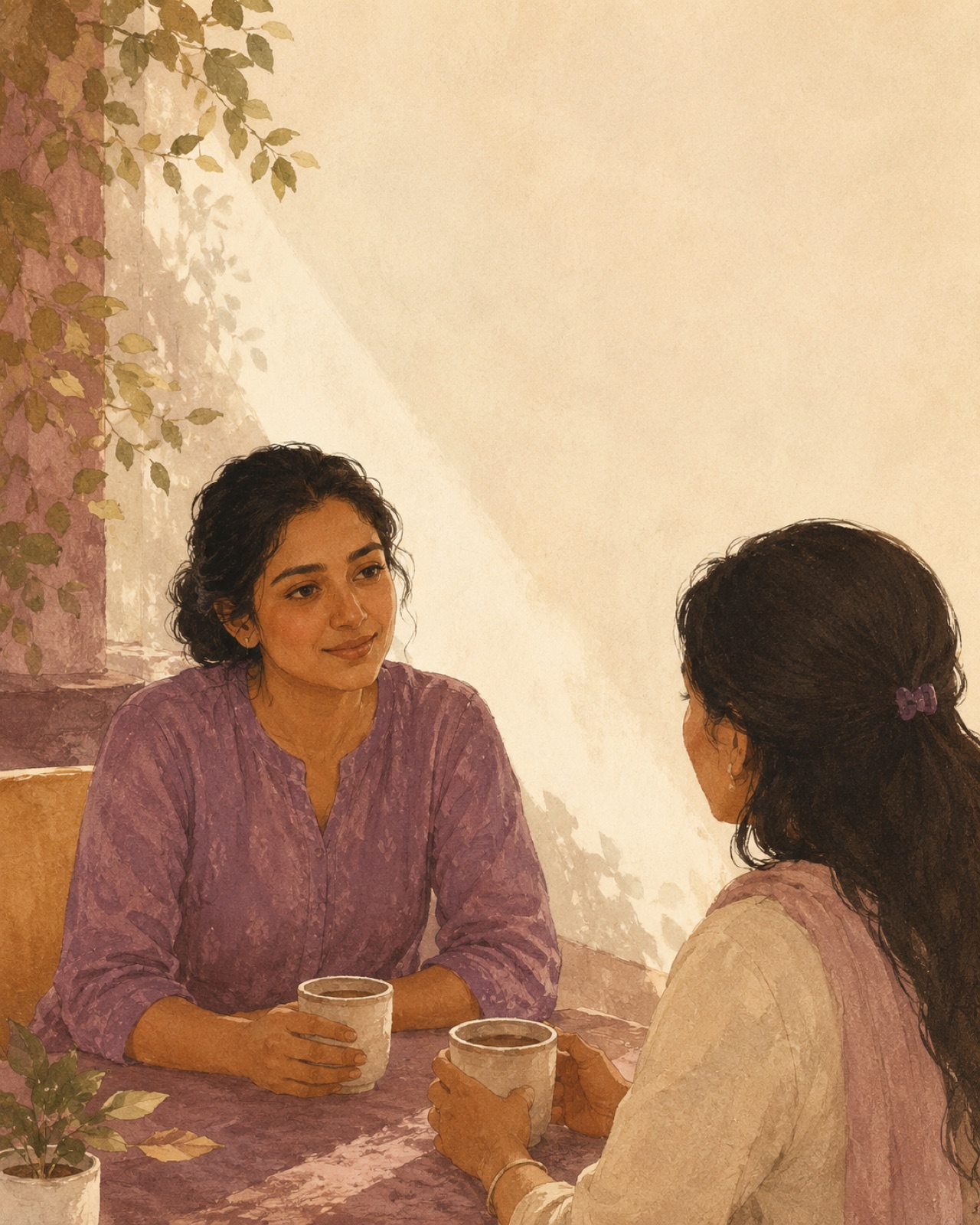 Meera, finding her way back to the table.