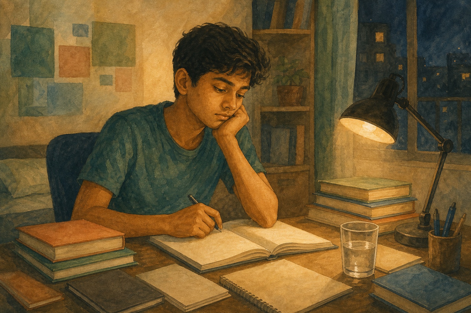 A student pausing to breathe at a study desk, late in the night, still holding on.