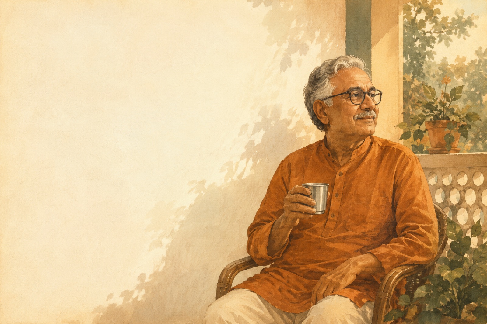 एक बुज़ुर्ग और परिवार का एक सदस्य नरम गर्म रोशनी में एक शांत, आम पल साथ बिताते हुए।