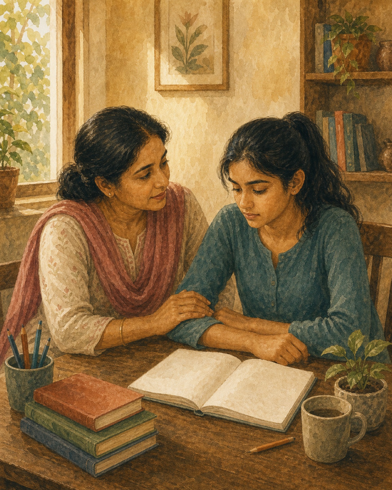 A calm, steady parent beside a child caught in a worry, learning to face the fear together instead of feeding it.
