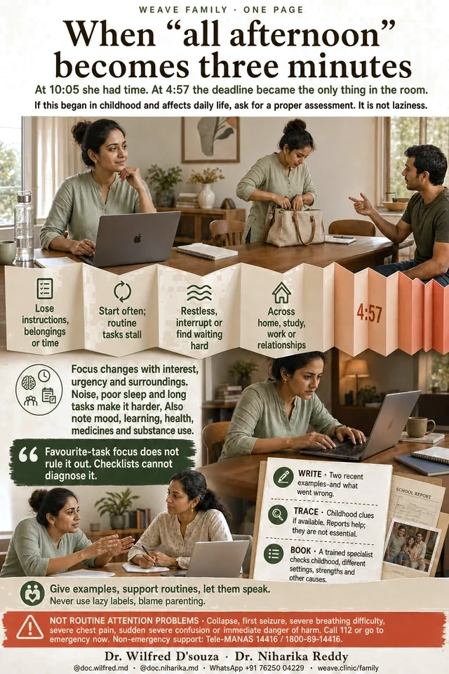 One-page guide to adult ADHD: how attention shifts with interest and urgency, what to write down, and how an assessment works.