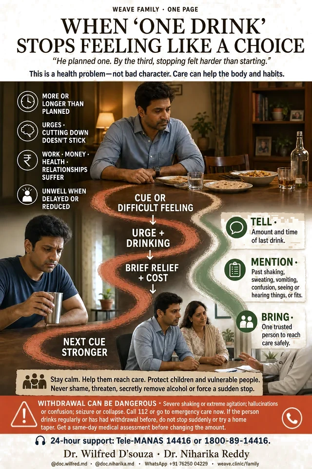 One-page guide to alcohol dependence: the signs, the cue-and-relief loop, what to tell a clinician, and why withdrawal can be dangerous.