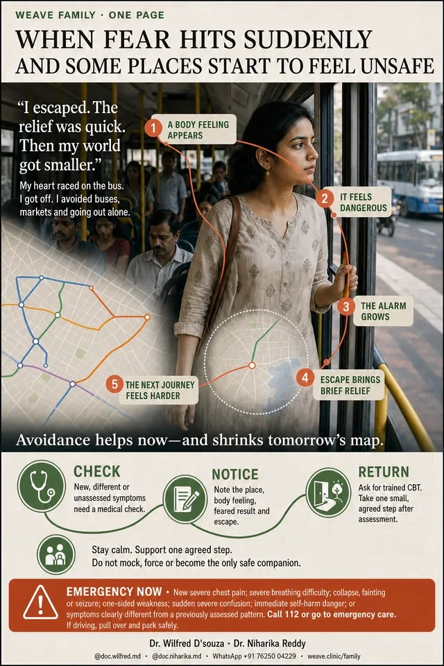 One-page guide to panic and avoidance: the five-step cycle from a body feeling to a harder next journey, and the way back.
