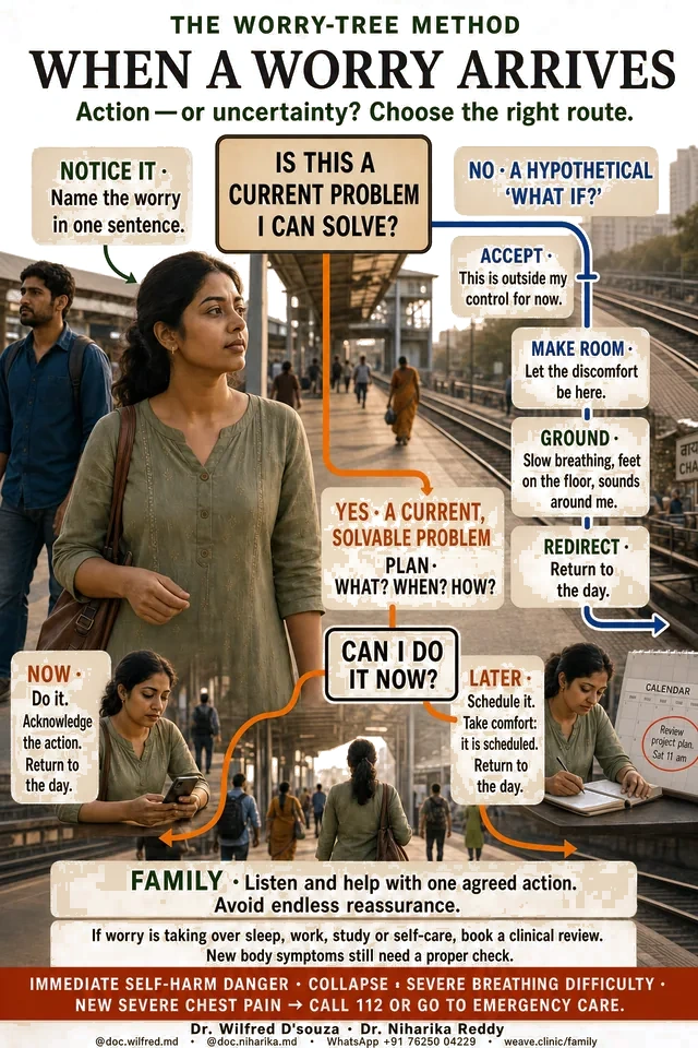 One-page worry-tree guide: naming a worry, deciding whether it is solvable now, and the two different routes that follow.