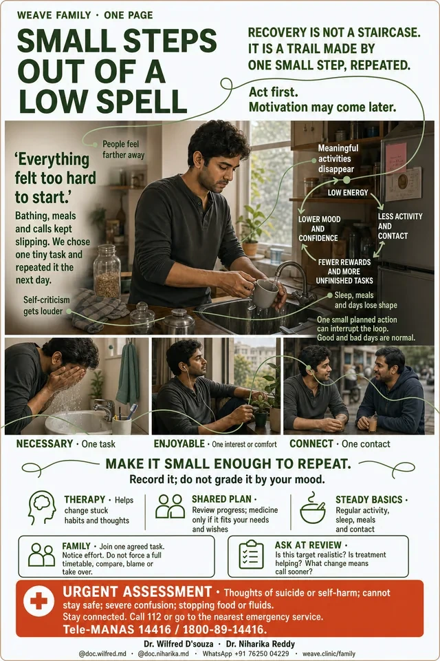 One-page guide: small steps out of a low spell. A kitchen scene showing the low-mood loop, with three kinds of small daily task and a reminder that good and bad days are normal.