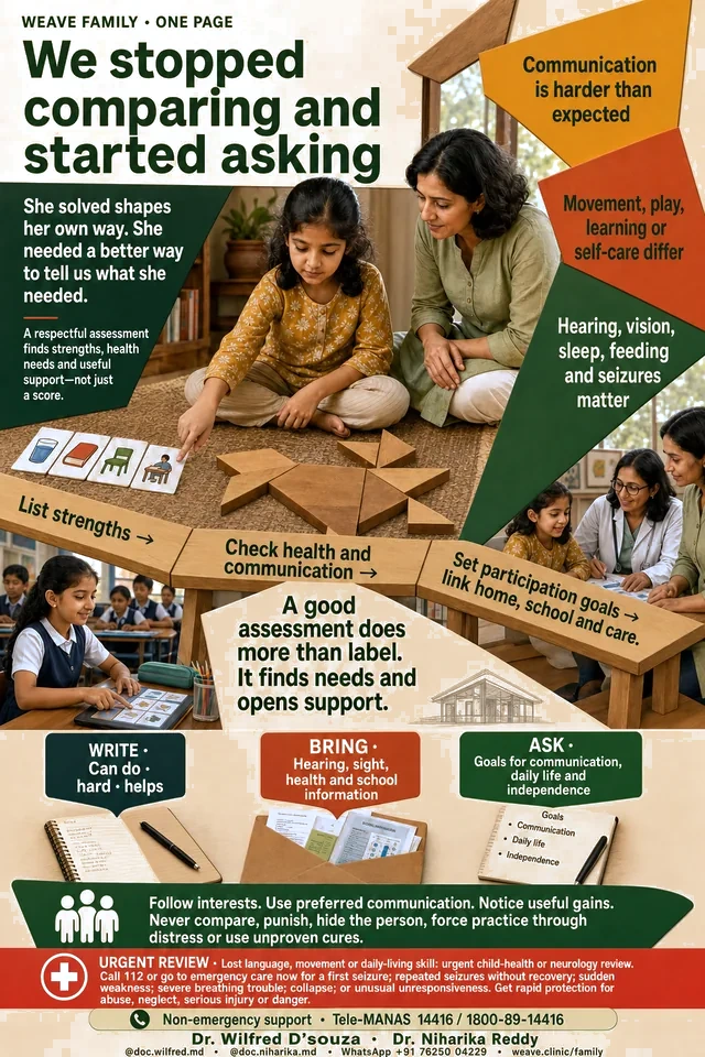 One-page guide to child development concerns: what to notice, what to bring to an assessment, and the goals to ask about.