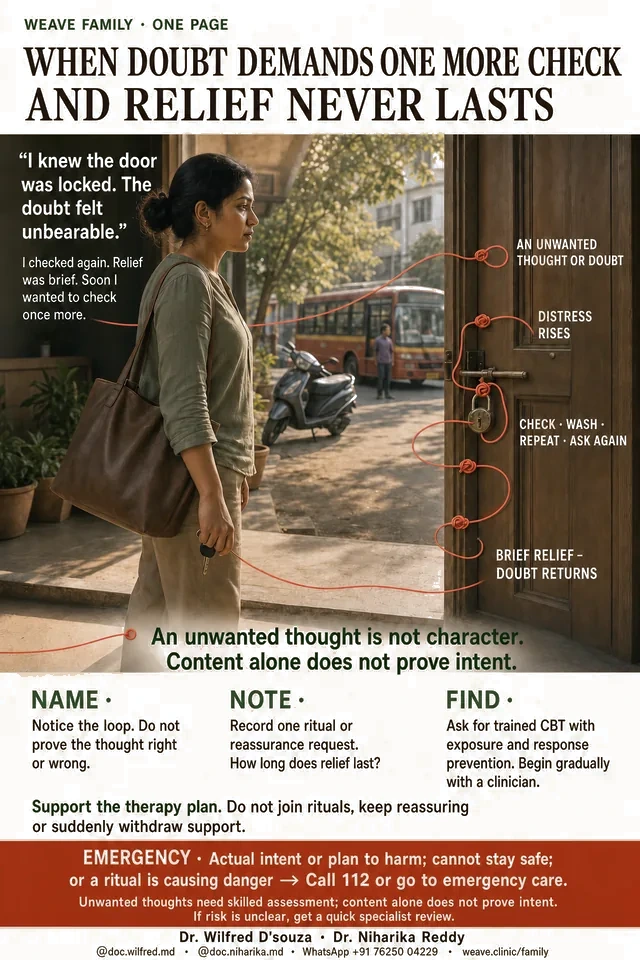 One-page guide to the checking loop: an unwanted doubt, rising distress, a ritual, brief relief, and the doubt coming back.