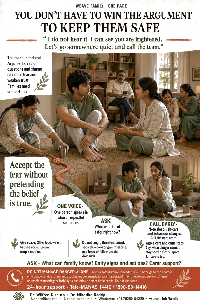One-page guide for families supporting someone with unusual experiences: one voice, asking what would feel safer, and calling early.