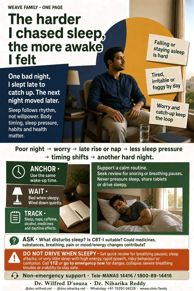 One-page guide to insomnia: the catch-up loop that shifts your timing, and the anchor, wait and track steps out of it.