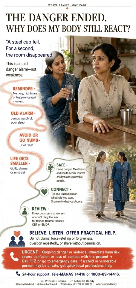 One-page guide to trauma reactions: reminders, an old alarm, avoidance and numbing, and the three steps of safety, connection and review.