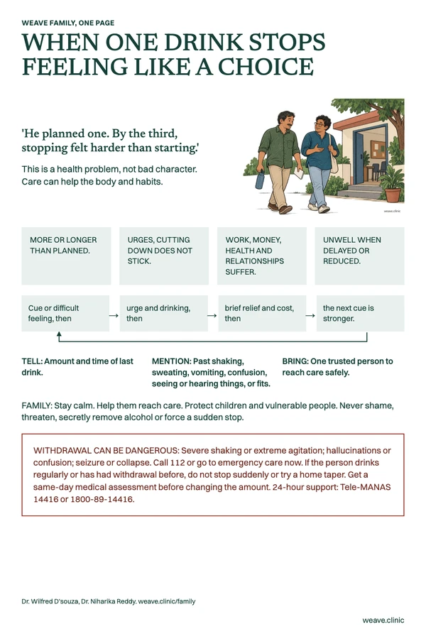 One-page guide: When one drink stops feeling like a choice. A man and his friend walk towards a community room.