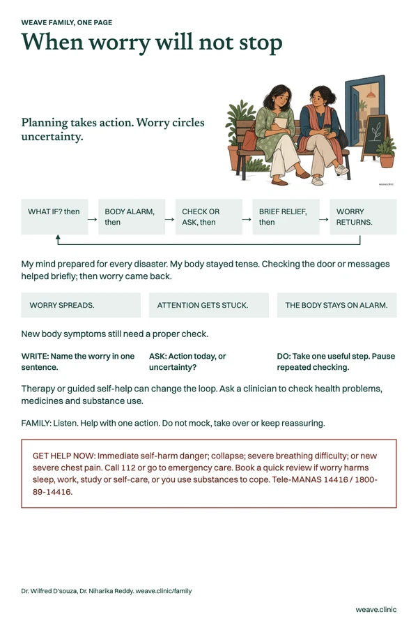 One-page guide: When worry will not stop. A woman pauses on a bench with a companion before a community class.