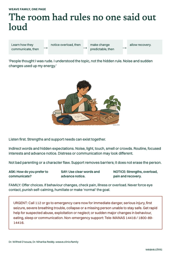 One-page guide: The room had rules no one said out loud. An adult assembles a wooden model, with headphones and a notebook nearby.