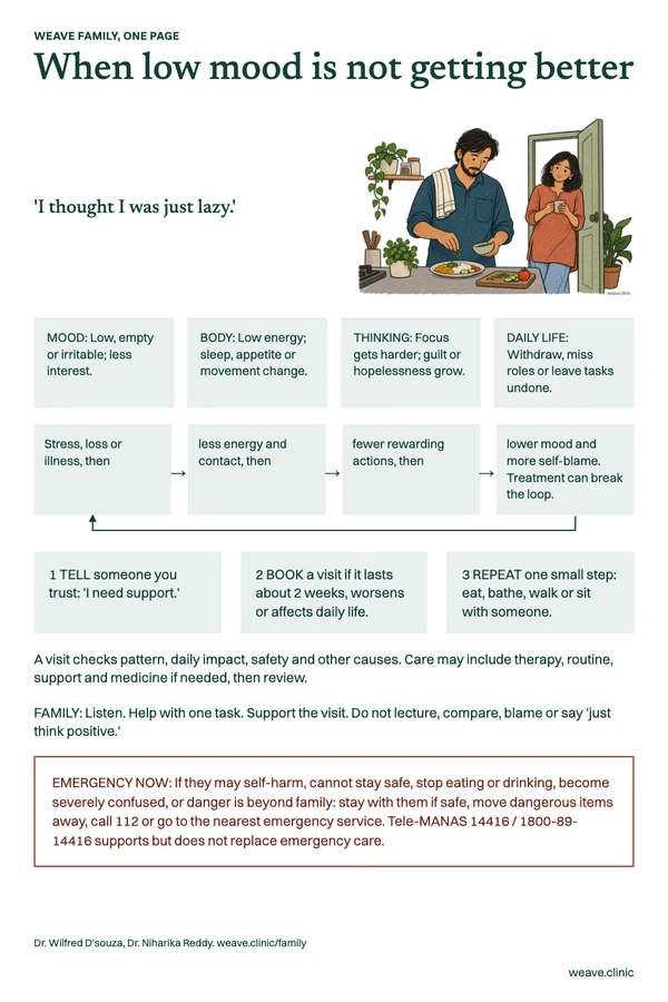One-page guide: When low mood is not getting better. A man prepares a simple meal while a friend keeps him company.