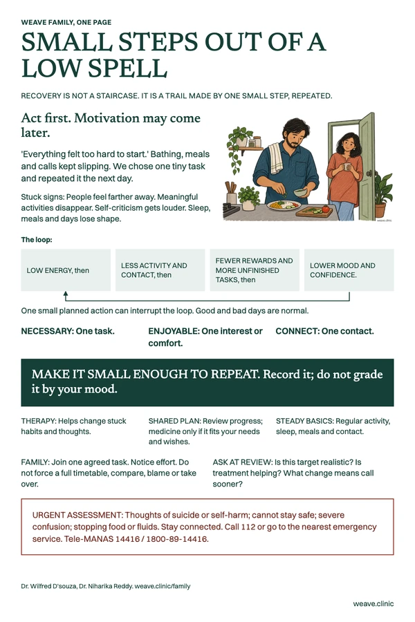 One-page guide: Small steps out of a low spell. A man prepares a simple meal while a friend keeps him company.