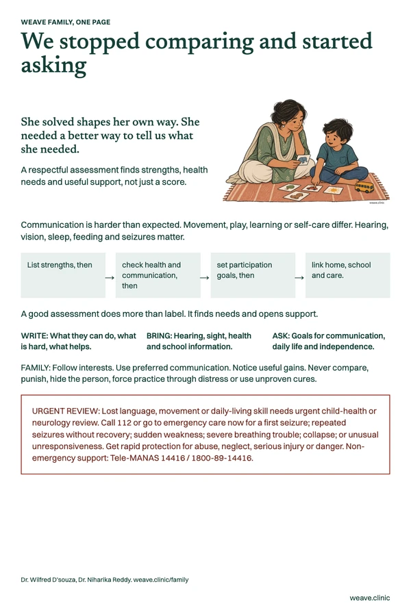 One-page guide: We stopped comparing and started asking. A mother follows her son's choice of a picture card while they sit on a rug.