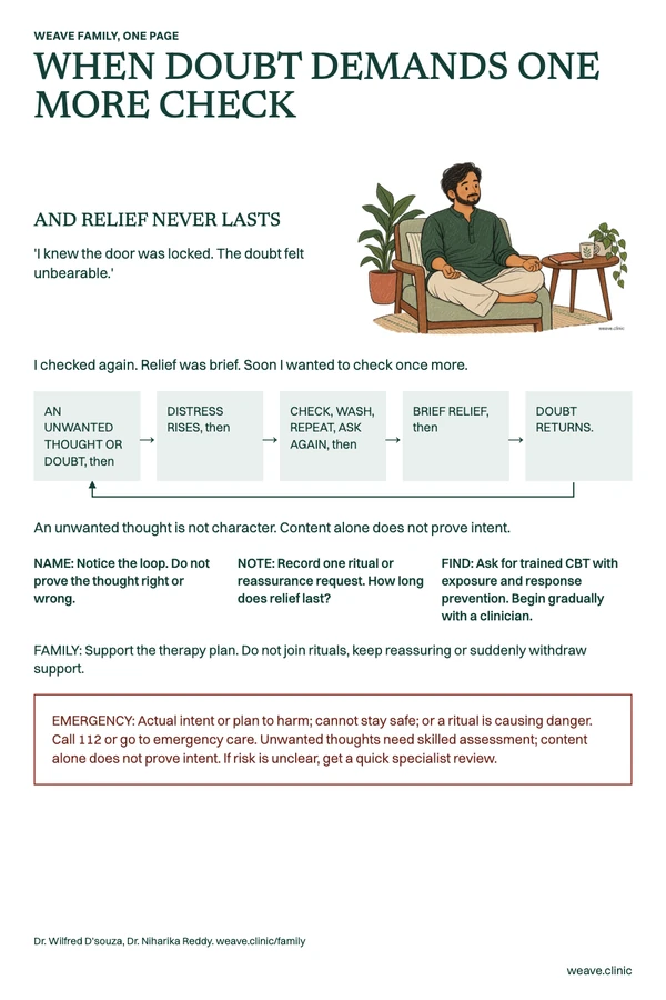 One-page guide: When doubt demands one more check. An adult sits with open hands resting on their knees and a notebook nearby.