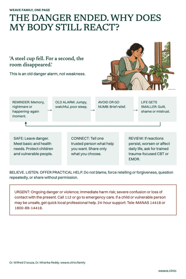 One-page guide: The danger ended, so why does my body still react?. A woman sits beside an open window, holding a smooth stone near a leafy plant.