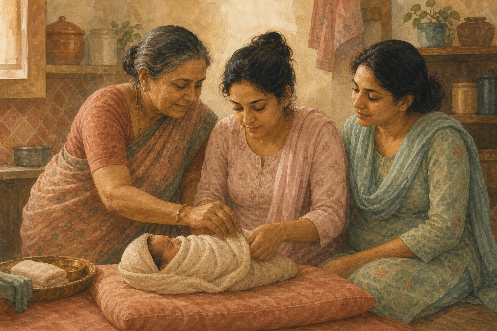 The women of the house, gathered around the new mother, not only the baby.