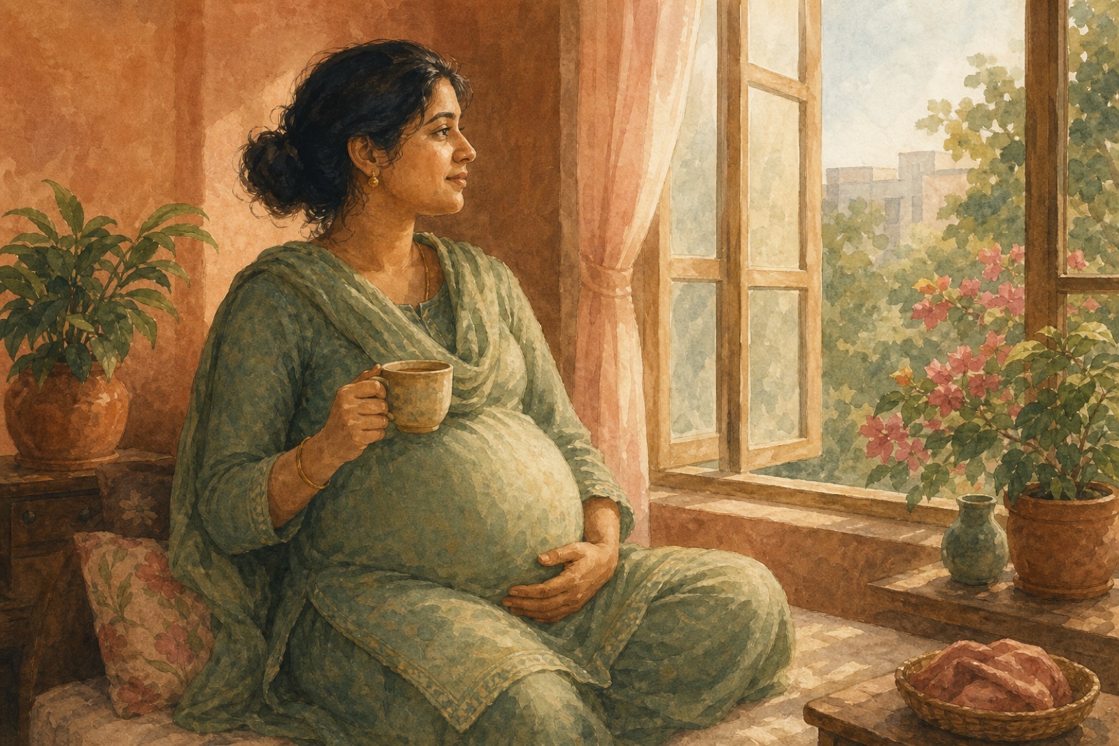 A new mother in a quiet moment, allowed to feel what she feels, not alone.