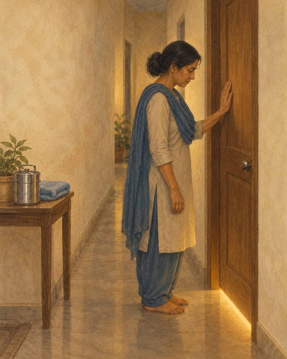 देर रात, रोहन के दरवाज़े के बाहर खड़ी सुनीता, जिसे समझ नहीं आ रहा कि क्या कहे।