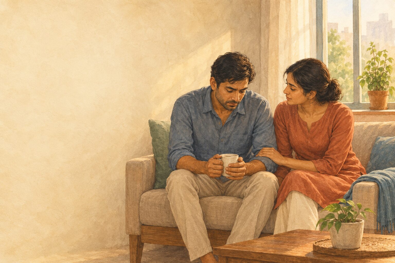 शांत सुबह में पास-पास बैठे दो लोग, डर पर एक-दूसरे से बहस करने के बजाय कंधे से कंधा मिलाकर उसका सामना करते हुए।