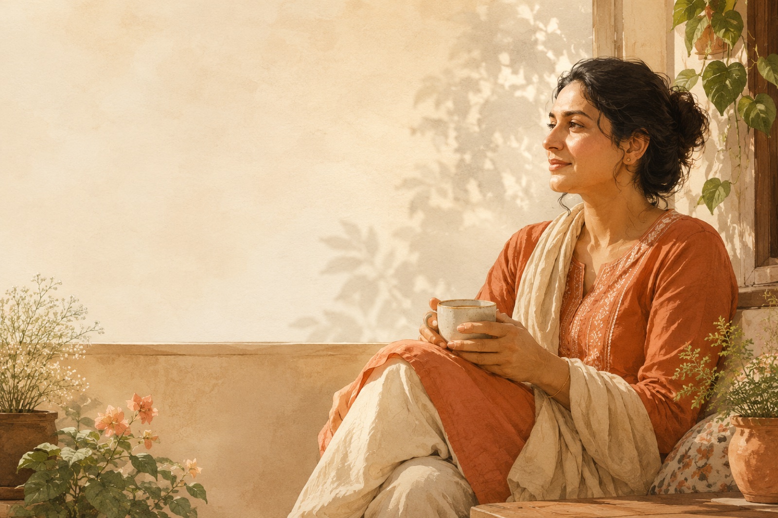 An adult standing on steady ground in soft morning light, calm and present in an ordinary day.