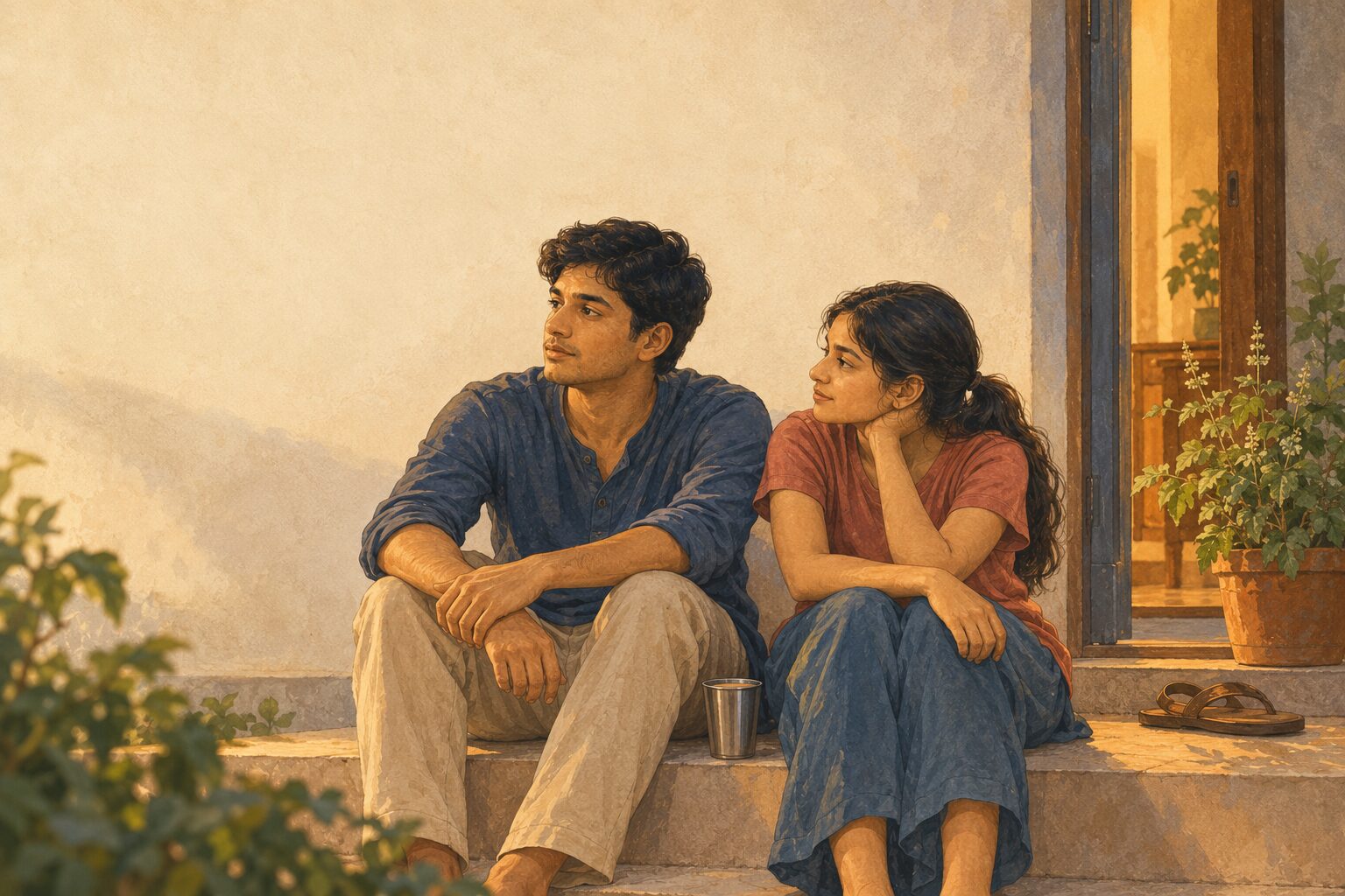 ढलती शाम में एक ही सीढ़ी पर बैठे एक बहन और उसका भाई, एक आम-सी शाम जो चुपचाप कुछ भारी थामे हुए है।