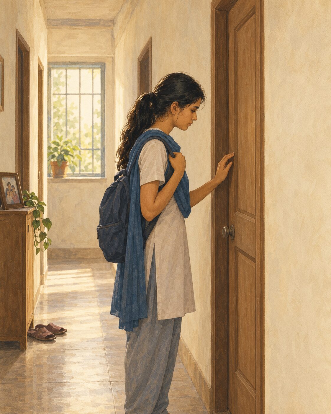 मीरा, अपने भाई के दरवाज़े के बाहर, यह समझते हुए कि उसकी दुनिया बदल गई है।