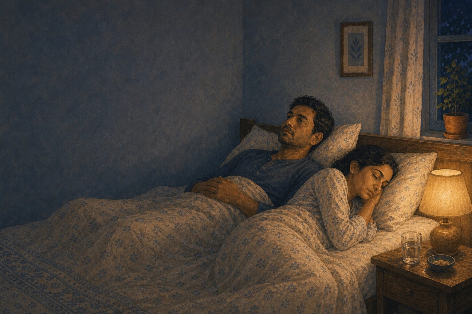 Two people, one long night, learning to face the sleeplessness together instead of fighting the clock alone.