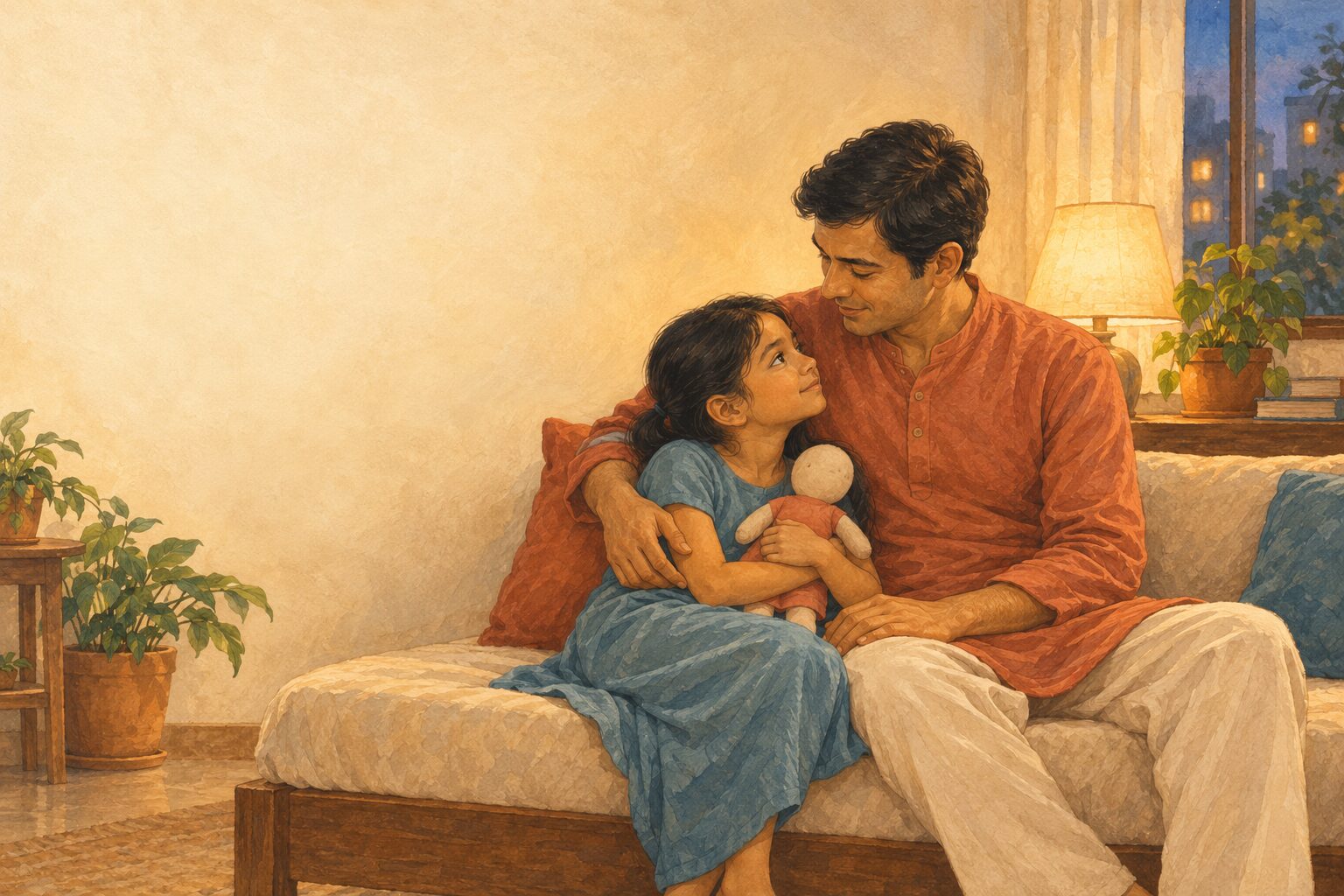 A father sitting close to his young daughter at the end of the day, quiet and steady, still on her side.